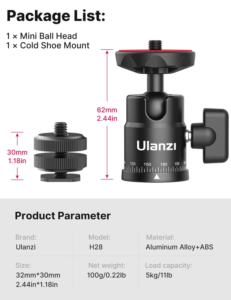 [Australia - AusPower] - Mini Ball Head, ULANZI H28 Panoramic Tripod Head + Dual Hot Shoe Mount DSLR Camera Mount Adapter Photograph Attachment Accessories for Gopro Cam Camcorder Smartphone Light Microphone Loading 5.5lb 