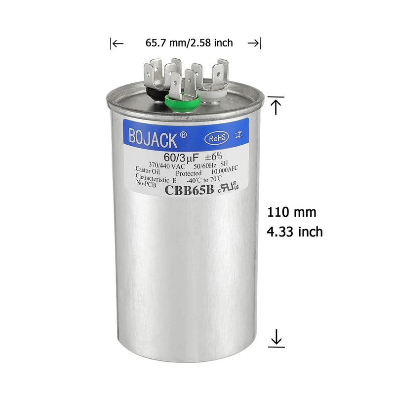 [Australia - AusPower] - BOJACK 60+3 uF 60/3 MFD ±6% 370V/440V CBB65 Dual Run Circular Start Capacitor for AC Motor Run or Fan Start or Condenser Straight Cool or Heat Pump air Conditioner 