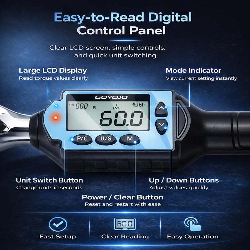 GOYOJO 3/8 Inch Digital Torque Wrench, 1.3–44 ft-lbs/1.8–60 N.m High-Precision Professional Tool for Auto Repair, Bicycle, Motorcycle Maintenance DIY Projects ±2% High Accuracy LED Flash Notification 3/8 drive 1.3–44 ft-lbs