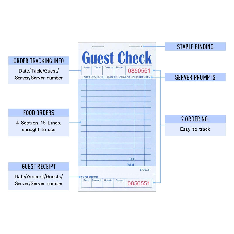 [Australia - AusPower] - Guest Check Books for Servers, 5 Pack of EP-3632-1 Server Note Pads, Thick Server Paper with Guest Receipt, Waitress Notepads - 250 Orders Total (Blue, 6.75"x3.5") 