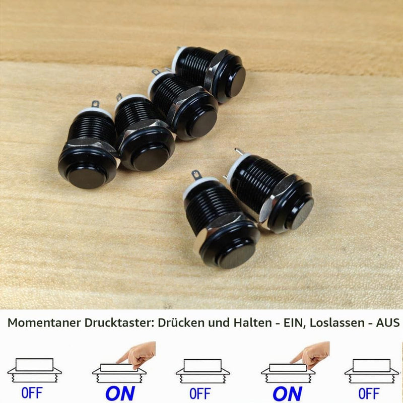 Gebildet Pack of 6 12 mm Momentary Push Buttons, Raised Head Cable, Aluminum Alloy, 1NO, 12V 24V 36V 110V 250V, Waterproof IP65 without LED (Black Housing) Black (12 mm)