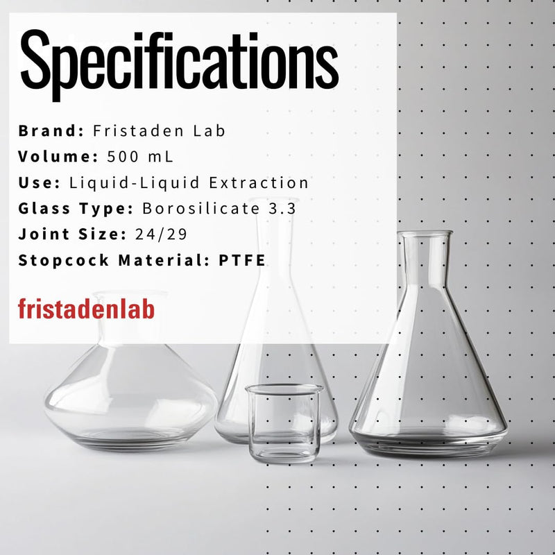 American Fristaden Lab 500mL Separatory Funnel with PTFE Stopcock Valve | Lab Quality Borosilicate Glass | 24/29 Joint Size | Separation Funnel for Lab Use
