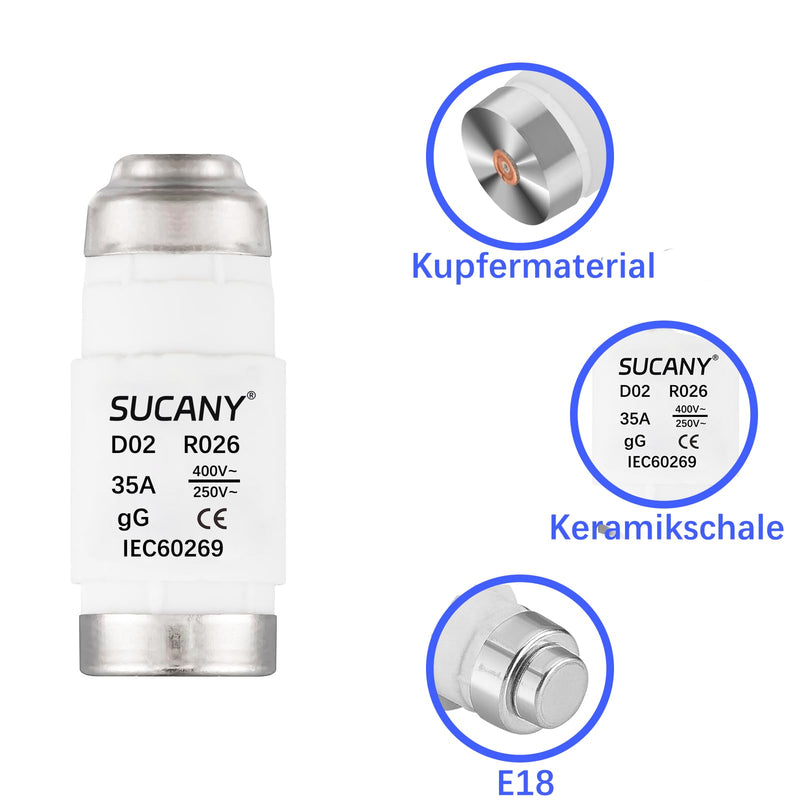 Ceramic Neozed Fuse Inserts, D02 35A gL/gG 400VAC E18 D0 Type Fuse Insert, for Cable and Line Protection (Pack of 10) D02 35A - 10 Stück