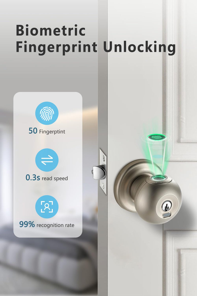 Smart Door Lock, Fingerprint Door Knob with Lock, Autolock Biometric Door Lock, Keyless Thumbprint Entry Door Lock for Bedrooms, Hotels, Apartments, Offices and Garages