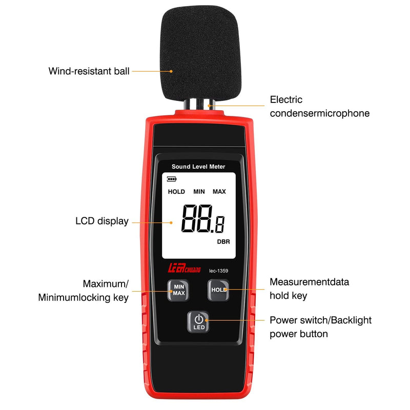 [Australia - AusPower] - Decibel Meter Digital Noise Meter Portable SPL Meter Range 30-130dB(A) db Meter Noise Volume Measuring Instrument Sound Monitoring Tester MAX/MIN, Data Hold Use for Home, Noisy Neighbor Factory 