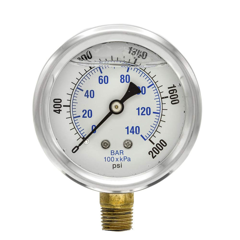 [Australia - AusPower] - 2 Pack of Liquid Filled Lower Mount Pressure Gauge with 2.5" Dial, 0-2000 PSI, 1/4" Male NPT Connection, Stainless Steel CASE and Bezel (2) 
