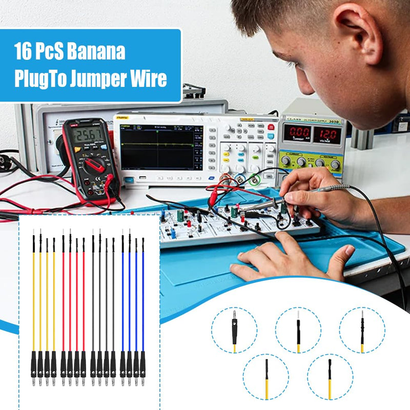 [Australia - AusPower] - Banana Plug Jumper Wires Kit, 16pcs 4mm Stackable Breadboard Jumper Test Lead, Male to Female, Universal Breakout Test Leads for Electrical Testing 