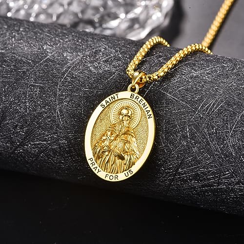 ADMETUS Gold St Brendan Medal Sterling Silver Saint Brendan the Navigator Medal Gold Saint Brendan Necklace Gold St. Brendan Pendant Necklace Religious Gifts for Men