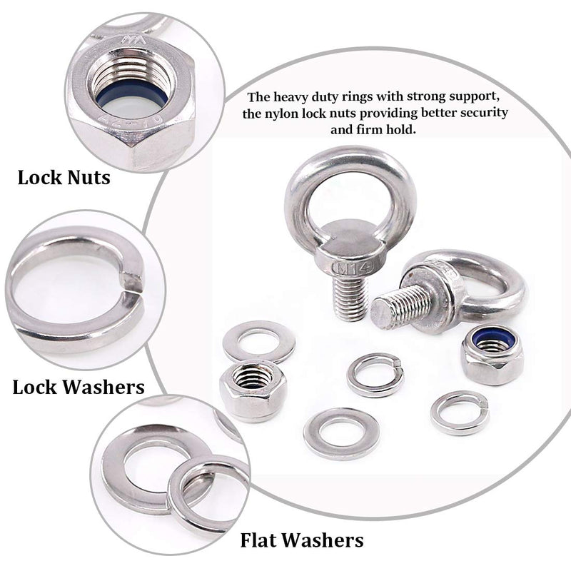 [Australia - AusPower] - Glarks 8Pcs M14 Heavy Duty Screw Bolt, 304 Stainless Steel Male Thread Machinery Shoulder Lifting Ring Eye Bolt with Lock Nuts/Lock Washers/Flat Washers Set 