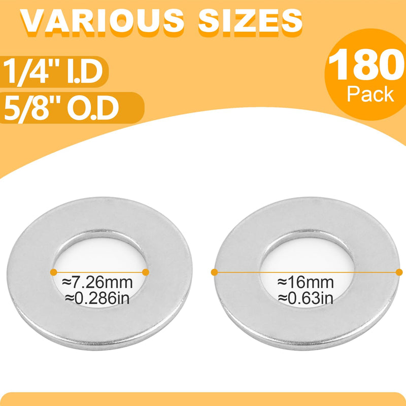 [Australia - AusPower] - KURUI 1/4" stainless steel Flat washers, (180 Pcs) Metal Washers for Screws Bolts, 5/8" OD 18-8 (304) Washer for Various Home, Factories, Outdoor Projects - SAE 1/4*5/8-180Pcs 