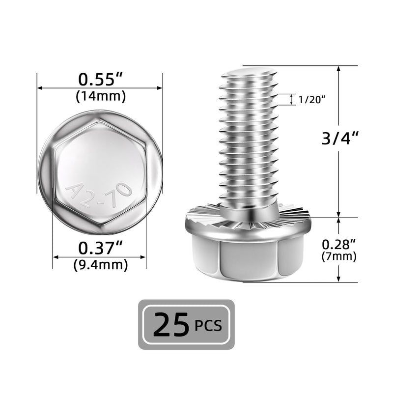 [Australia - AusPower] - 1/4-20 x 3/4" (25 PCS) Flanged Hex Head Bolts, Flange Washer Head Hexagon Screws, 18-8 Stainless Steel (304), Plain Finish, Full Thread 1/4-20 x 3/4" 