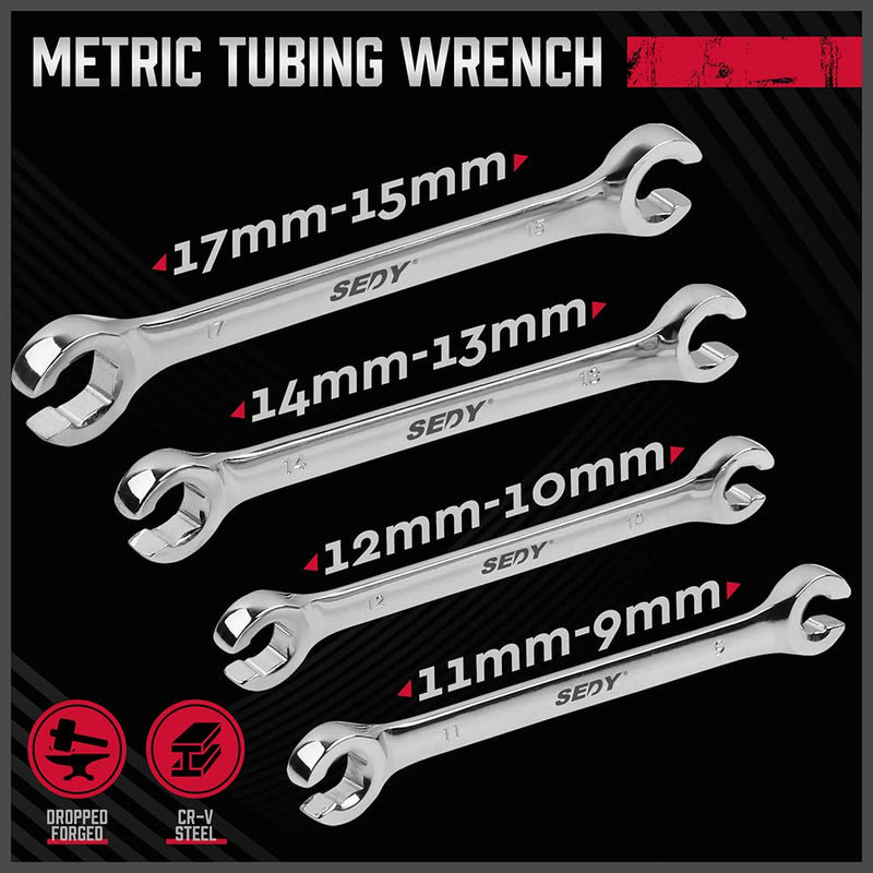 [Australia - AusPower] - SEDY 4-Piece Flare Nut Wrench Set, Offset End Spanner Metric 9 10 11 12 13 14 15 17mm, CR-V Steel Storage Pouch Repair and Remove Nuts on Fuel Tube Hose Transmission Line 