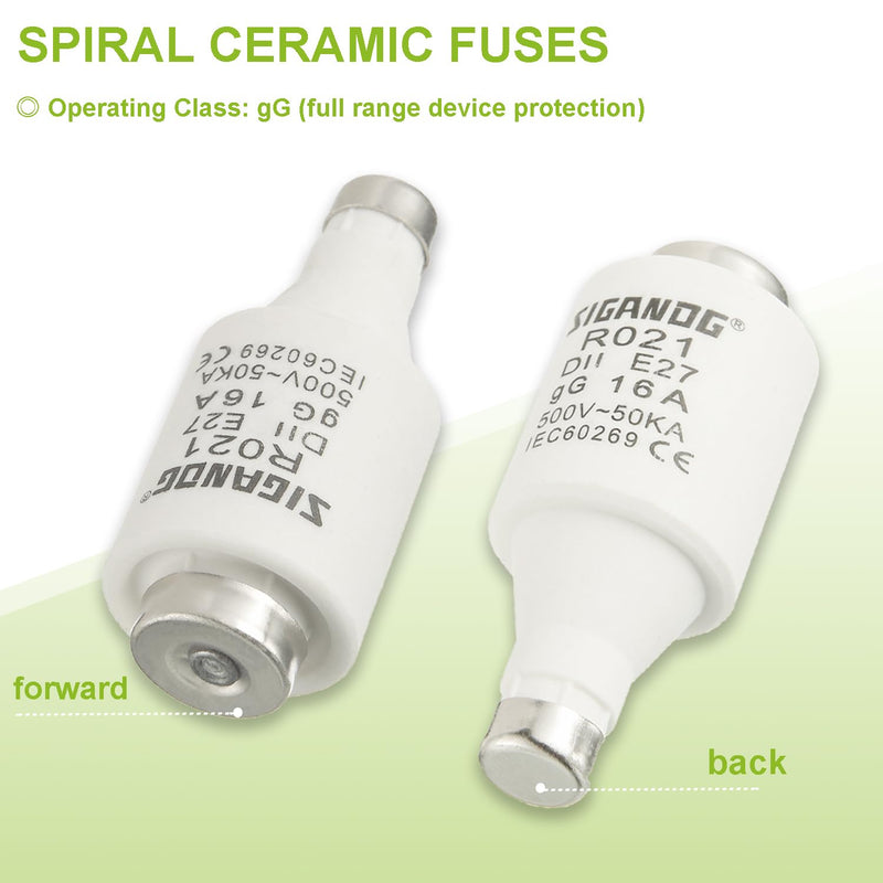 16A DII E27 R021 Spiral Ceramic Fuses gG Diazed Fuse Inserts 500VAC for Cable and Line Protection (Pack of 10) 16A