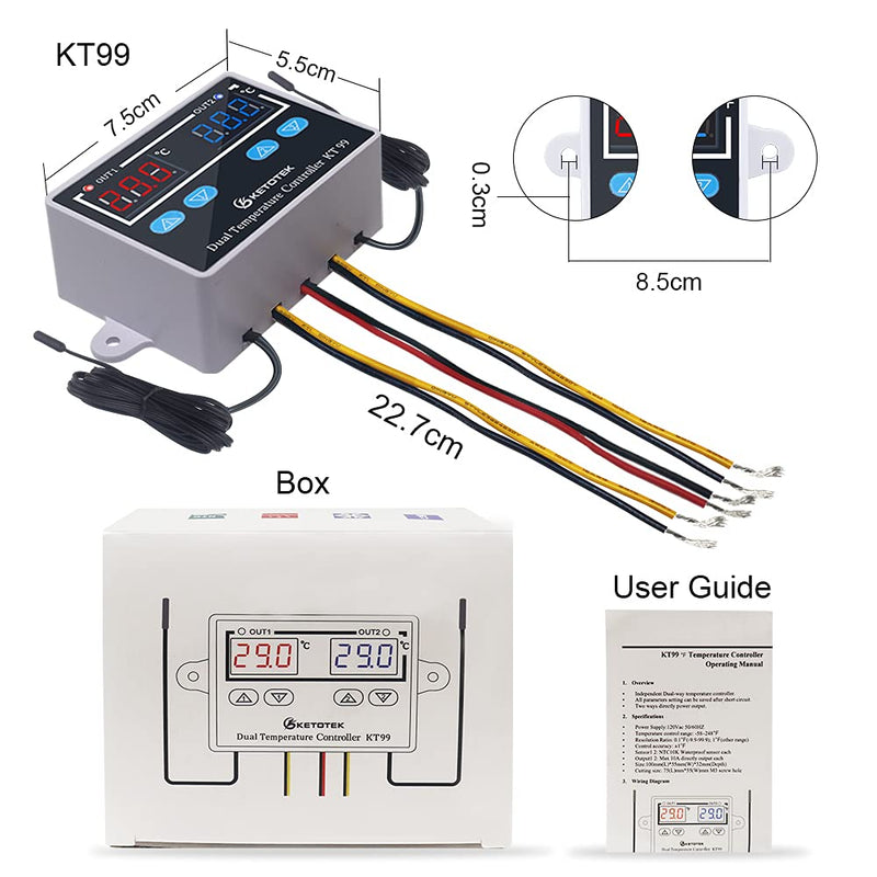 [Australia - AusPower] - KETOTEK KT99 Temperature Controller 120V 10A Digital Thermostat Regulator Switch Dual 1.5m Waterproof Probe for Heater Cooler Fahrenheit Display Aquarium 