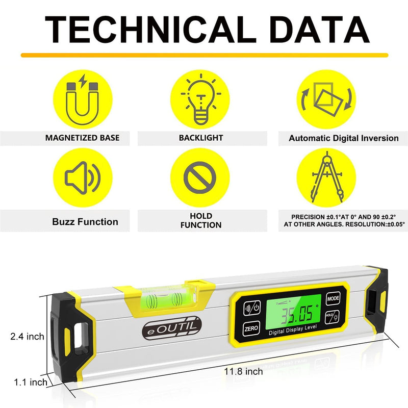 [Australia - AusPower] - Digital Level and Protractor, 12 Inch IP54 Protected Electronic Bubble Inclinometer Angle Finder with Large LED Backlight and Magnetized V-Groove Base(Yellow 