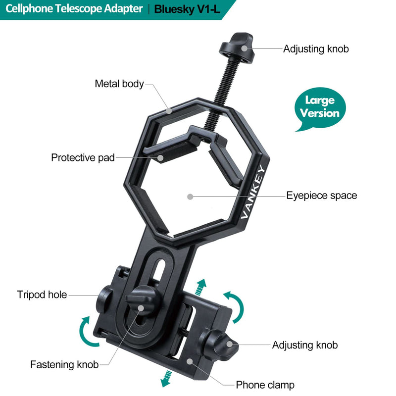 [Australia - AusPower] - Large Telescope Phone Mount, Metal Phone Adapter for Spotting Scope, Monocular, Binocular - Fits iPhone, Samsung and More Smartphone (Bluesky V1-L) Large Size 