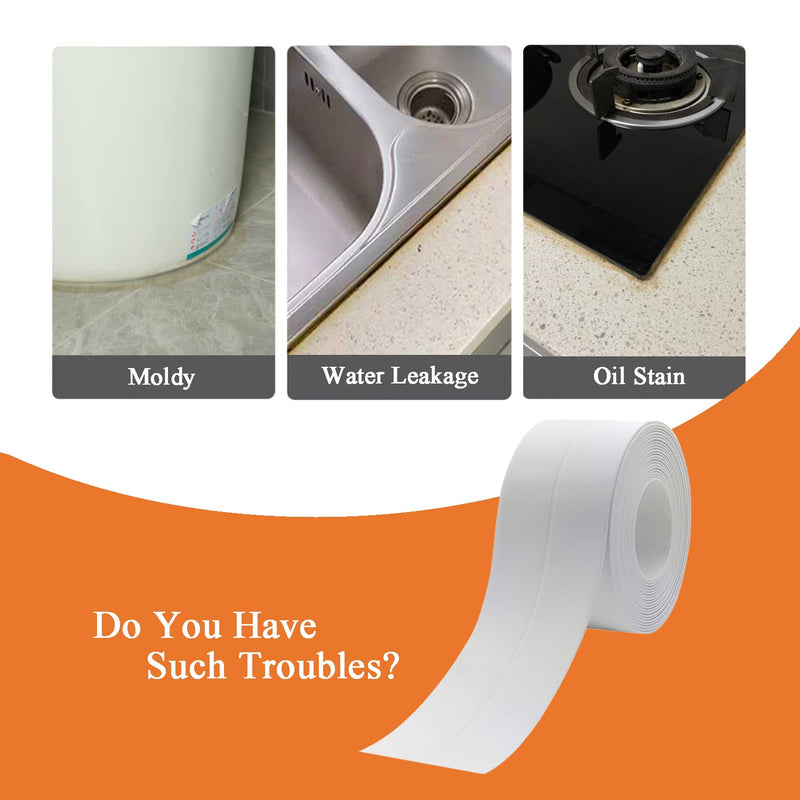 White Caulk Tape for Bath & Kitchen, 1.5''x10.5FT | PVC Self Adhesive, Waterproof Caulking Sealing Strip, For Toilet Base, Bathroom Shower Sink, Edge Protector White-10.5FT-1.5IN-A