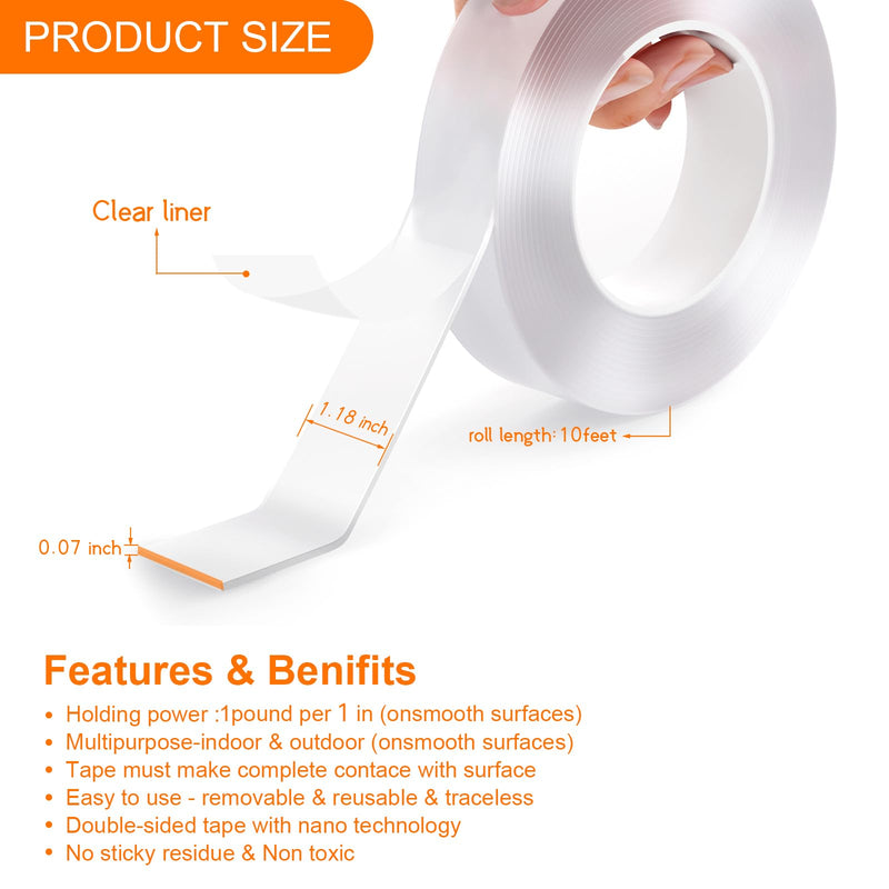 Yeefeoch Double Sided Tape Heavy Duty, mounting Picture Hanging Adhesive Strips, DIY Extra Large Nano Tape for Wall Water Proof/Weather Proof Double Sided Tape, T002 (M, 0.07 in*1.18 in*10 Feet) M, 0.07 in*1.18 in*10 Feet