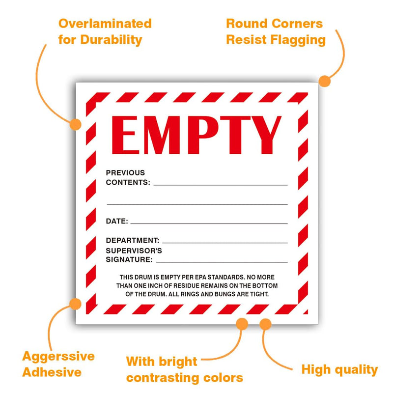 Empty Drum Industrial Labels 6"x6" Adhesive-Poly Vinyl Warning Stickers Self Adhesive White/Black Tag 50 Pack