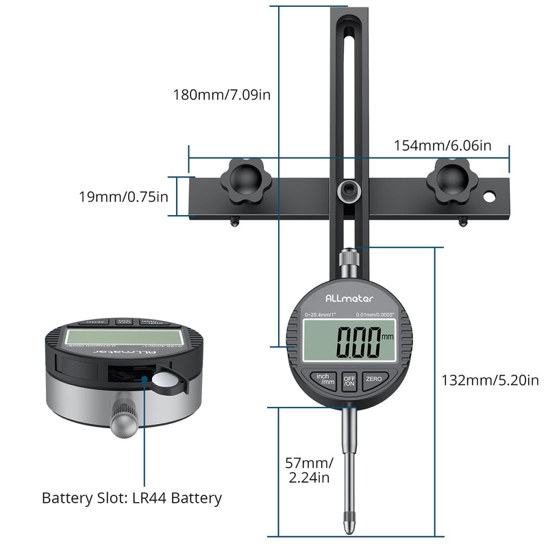 [Australia - AusPower] - ALLmeter Direct Chute Digital Table Saw Gauge with 0.0005" Precision Dial Indicator, CNC Anodized Aluminum Bar for Saw Blade Fence Alignment, Router Arbor Runout Calibration 