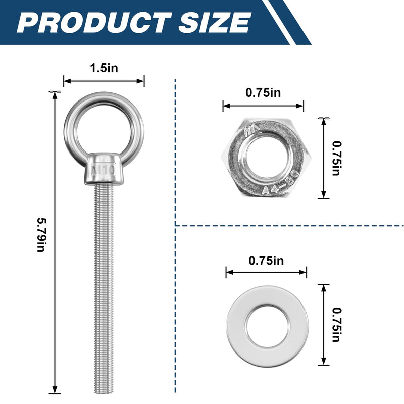 [Australia - AusPower] - 5 Pack Eye Bolt 3/8" x 4" Long, Stainless Steel Welded Extension Bolts Swing Basket Suspension Fittings Mechanical Eye Bolts with Shoulder and NUT for Indoors and Outdoors 