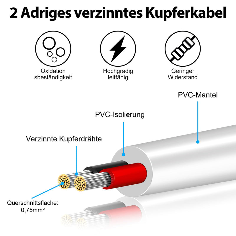 [Australia - AusPower] - 5 Metres 18AWG 2 x 0.75 mm² Electric Cable, 2 Core Cable 5V/12V/24V/300V White Tinned Copper Cable, Flexible and Soft, Low Impedance, High Temperature Resistance Extension Cable 5 metres 18AWG-2C (2 x 0.75 mm²) 
