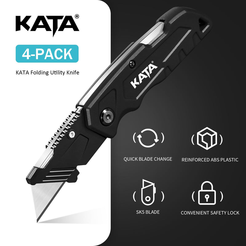 [Australia - AusPower] - KATA Folding Box Cutter Knives: Heavy Duty Utility Knife Pocket Box Cutter with Extra 20pcs Razor Blades - 4-Pack Plastic Cardboard Opener Safey Knives - Gifts for Men Cutting Cartons, leather, Rope D 