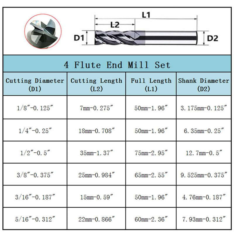 [Australia - AusPower] - 6pcs 1/2 inch 3/8 inch 5/16 inch 1/4 inch 3/16 inch 1/8 inch Carbide Square End Mill, HRC 45 Deg Single End 4 Flute AlTiN Coating Mill Bits (6pcs End Mill Set), Silver 