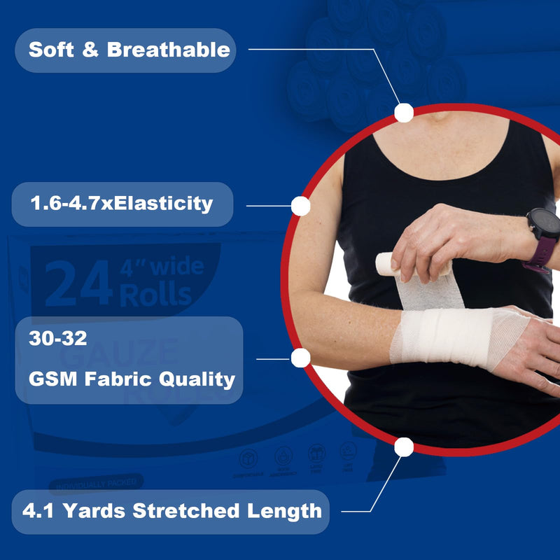 [Australia - AusPower] - 24 Pack Gauze Rolls Bandages 4 ” x 4.1 yd Premium Quality Lint and Latex-Free Conforming Stretch Designed for Wound Care for Wound Dressing Support(Ideal for Home and car First aid Kits) Pack of 24 