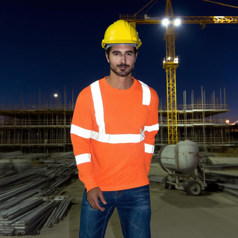 Class 2 High Visibility Shirts for Men Long Sleeve Work Shirts with Pockets Reflective Strips for Outdoor Work Large 3pcs Orange