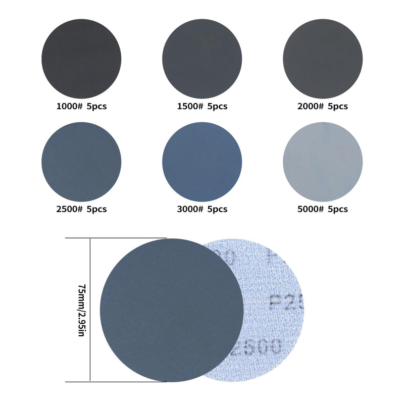 [Australia - AusPower] - 30 x Sanding Discs 75 mm Velcro, Round Sandpaper 75 mm Velcro Sanding Sheets, Wet Dry Sanding Pads for Random Orbital Sander, Sandpaper, Grit 1000 1500 2000 2500 3000 5000 