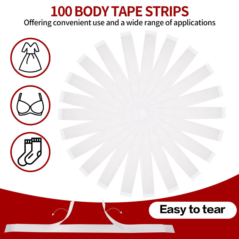 100 Strips Double Sided Fashion Tape for Clothes Strong Adhesive Skin Tape | Body Adhesive Roll-On Water Wash Off Body Glue Skin Glue for Dancers, Sock, Stocking, Leotards, Bras, Wigs, Costumes