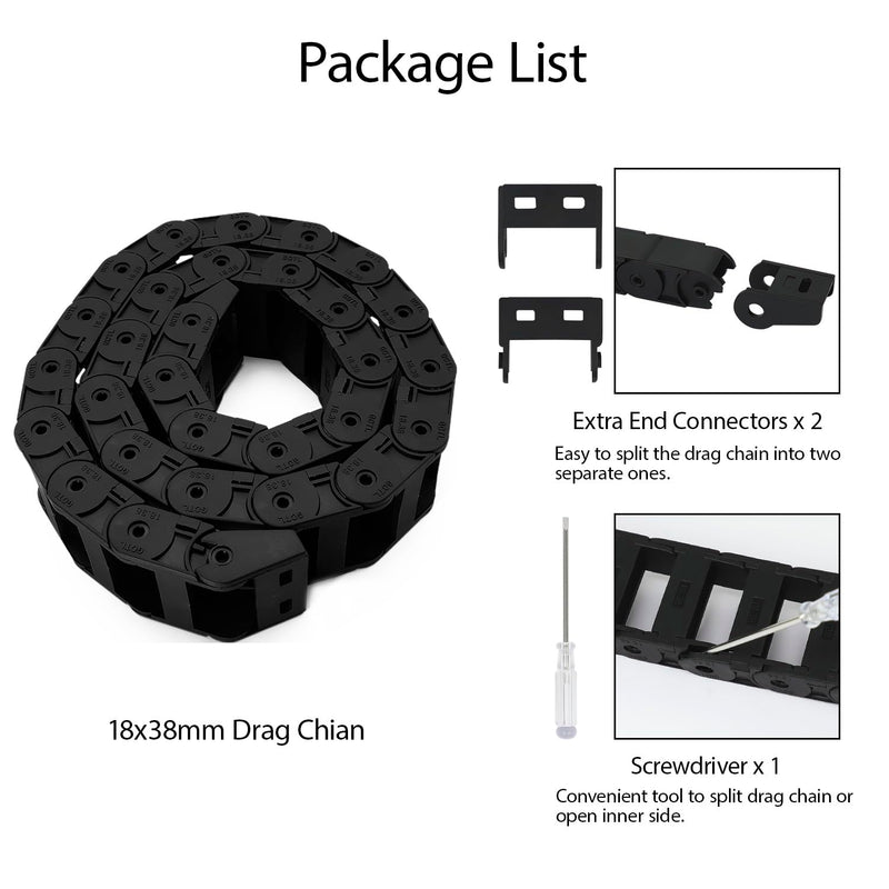 [Australia - AusPower] - R38 18mm x 38mm(Inner H x Inner W) Black Plastic Cable Wire Carrier Drag Chain 1M Length for CNC, with End Connectors - Bridge Type (Inner Side openable) 18*38 