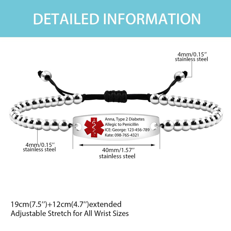 Uloveido Customised Pink Medical Alert ID Bracelet Custom Laser Engraved Adjustable Bracelet for Girls Women Emergency First Aid Bracelet Y4301 Y4301-Red-Blood