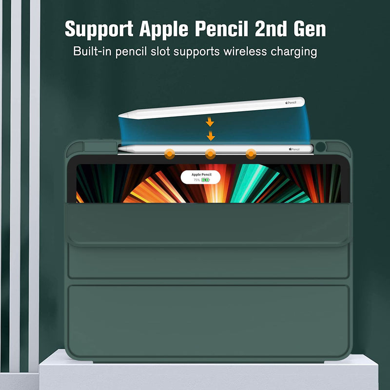 [Australia - AusPower] - ZryXal New iPad Pro 12.9 Inch Case 2022/2021/2020(6th/5th/4th Gen) with Pencil Holder,Smart Case [Support Touch ID and Auto Wake/Sleep] with Auto 2nd Gen Pencil Charging (Midnight Green) Midnight Green 