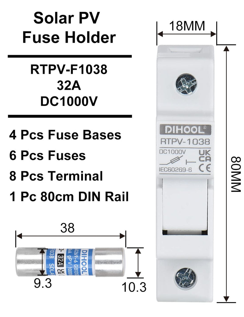 DIHOOL 30 Amp Inline Fuse for Solar Connector, 4pcs Solar fuses Holder, DIN Rail Solar Panel Fuse 32A Fuse With Holder