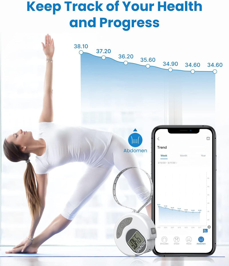 [Australia - AusPower] - Smart Tape Measure Body with App - RENPHO Bluetooth Measuring Tapes for Body Measuring, Weight Loss, Muscle Gain, Fitness Bodybuilding, Retractable, Measures Body Part Circumferences, Inches & cm 