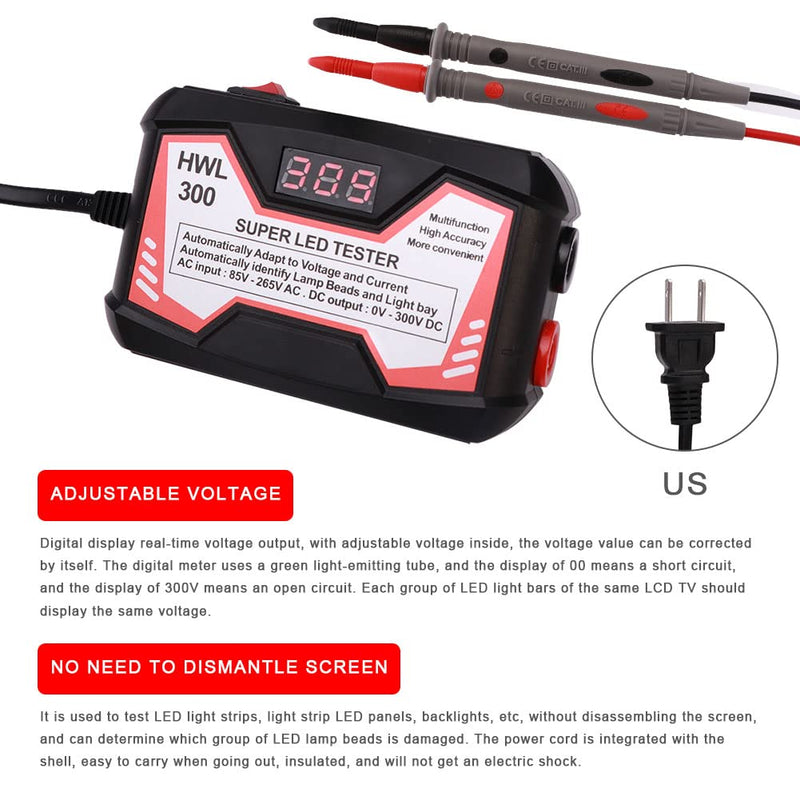[Australia - AusPower] - LED Lamp Bead TV Backlight Tester with Power Switch/Probe Pens/Power Cable, 0-300V Adaptive Voltage LED Strip Lamp Beads Light Source Testing Tool for All LED Lights Repair (Black) 