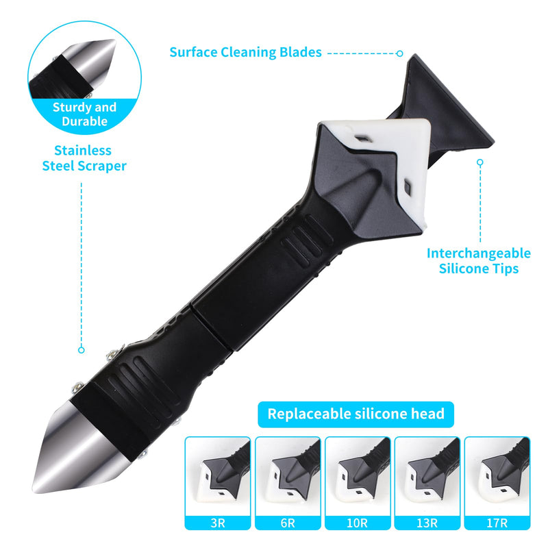 [Australia - AusPower] - 11Pcs-3in1 Silicone Caulking Tools(Stainless Steelhead)Grout Removal Tool & Grout Remove Scraper,5 Silicone Replaceable Pads,4 Glass Glue Angle Scraper, Caulk Remover for Kitchen/Bathroom/Window/Joint 