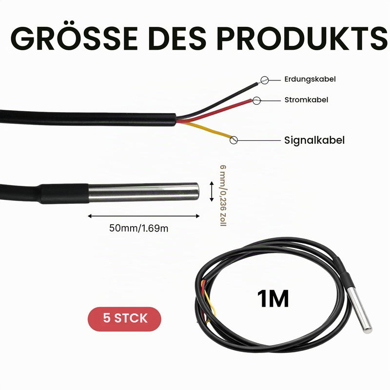 Pack of 5 DS18B20 Temperature Sensors, 1 m Cable, Waterproof and Precise, ±0.5 °C Accuracy, Compatible with Arduino, for Raspberry Pi & Shelly Temperature Sensor for Hobby and Professional Projects