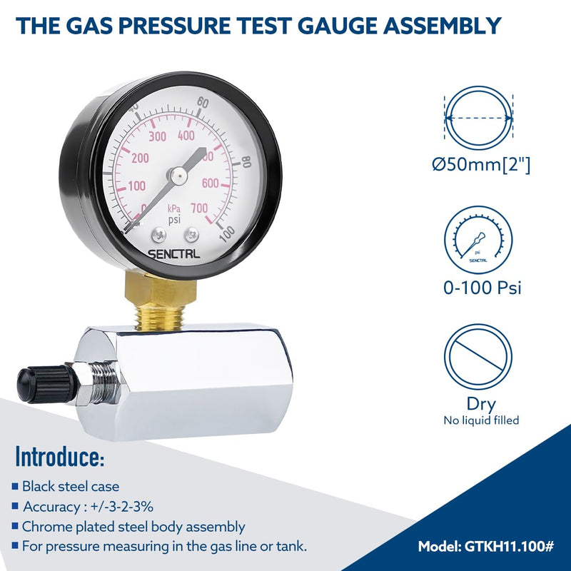 [Australia - AusPower] - 0-100 Psi Gas Pressure Test Gauge, 2" Dial Size, 3/4" FNPT Connection, Brass Valve, Chrome Plated Steel Body Assembly 0-100 psi 