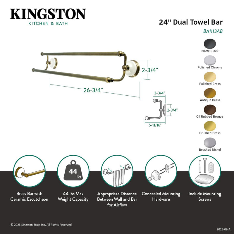 Kingston Brass BA1113MB Victorian Dual -Towel Bar, Matte Black