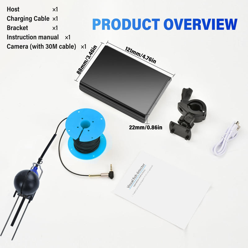 Underwater Fishing Camera, Fish Finder, Infrared Night Vision, Wide Angle, IP65 Waterproof, with 4.3 Inch IPS Display, for Ice, River and Boat (4.3 inch) Blue 4.3 inch