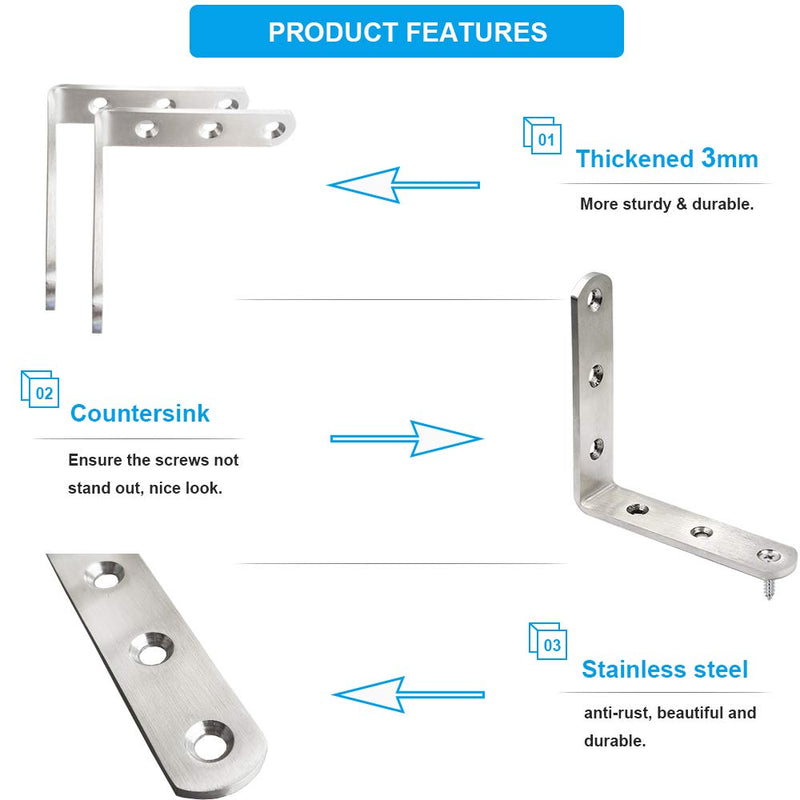 [Australia - AusPower] - 10 PCS L Bracket Stainless Steel Corner Bracket 3 x 3 inch Heavy Duty Right Angle Bracket for Wood Furniture, Metal Joint Corner Brace, with Screw 