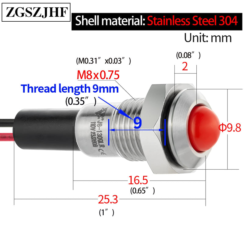 [Australia - AusPower] - Mini Indicator Light 8mm 0.31" Waterproof Domed Sphere High Head Metal Stainless steel Signal Lamp 110V/120V LED Pilot Light with 140mm/5.5" Red 110-120V DC/AC 
