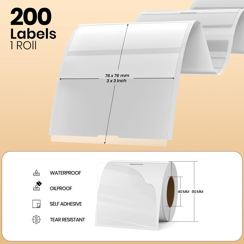 Clear Thermal Labels Vinyl 3 × 3 Inch Self-Adhesive Rectangle Stickers Roll Waterproof Printer Direct Decals Package Seal for QR Code Envelope Office Retail Home 200 PCS