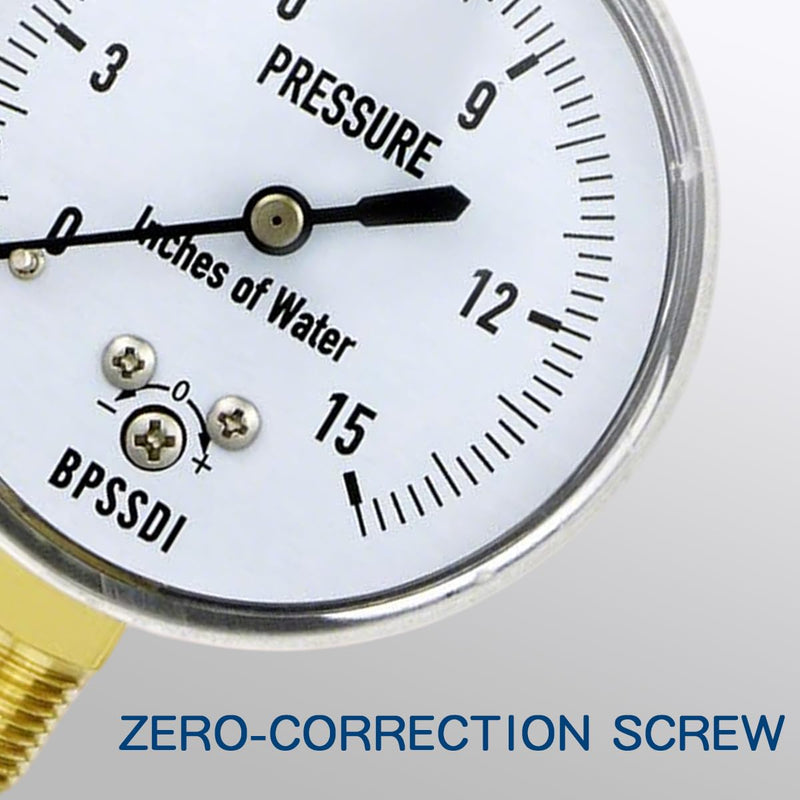 0-15 Inches of Water Column Gauge, Low Pressure Gauge, Capsule Gauge, 304 Stainless Steel Case, 2.5" Dial Size, 1/4" NPT Lower Mount, Zero Adjustment, for Air Water Gas Pressure Test 0-15inH2O（includes tape）