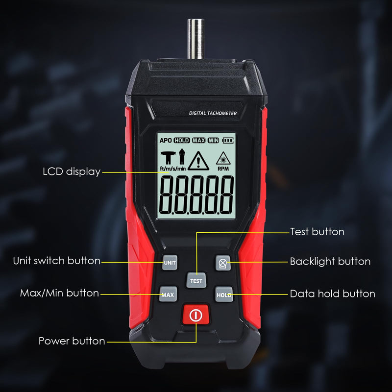 [Australia - AusPower] - Dual-Mode Digital Tachometer RPM Gauge Contact & Non-Contact Handheld Tach Meter with Backlit LCD, MAX/MIN Hold, 3-99999RPM + 10Pcs Reflective Tape for Laser Photo Speed Tester 