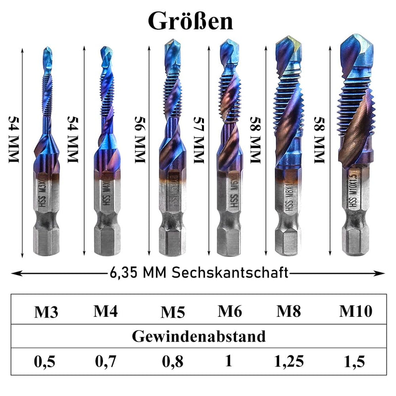 [Australia - AusPower] - Treki 6-Piece Combination Tap Bit Set M3 M4 M5 M6 M8 M10, Manual Tap Set, Spiral Tap with 6.35 mm for Cordless Screwdriver, HSS Hand Tap, Machine Tap Bits Set 