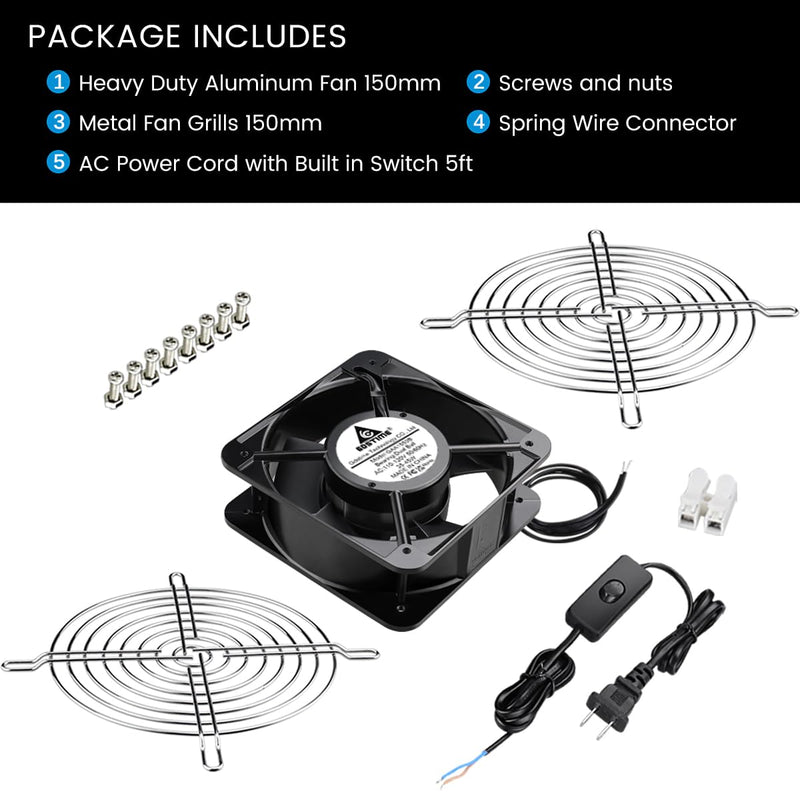 GDSTIME AXIAL 15050 Muffin Fan, 120V AC 150mm x 50mm, Dual Ball Bearing | 110V 115V, ON/OFF Switch, 150x150x50mm, High Speed, for Air Hockey Table, Generator Box Cooling Ventilation Exhaust Projects